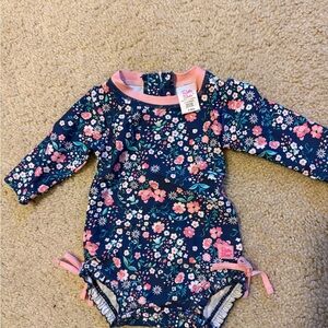Ruffle Butts Floral Kids Swim Rashguard - Navy and Pink